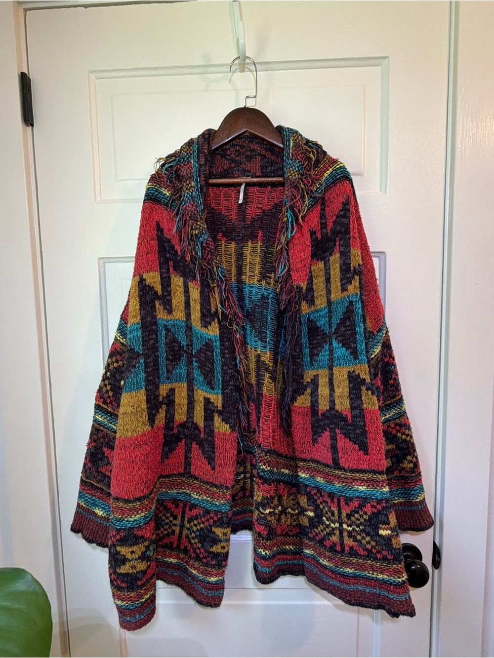 Free People Fringed Multicolor  Knit Cardigan - Red Teal Mustard